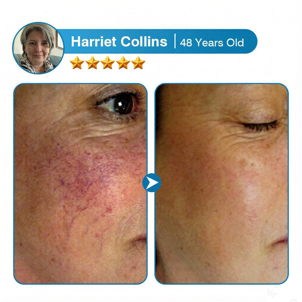 Harriet Collins facial redness before and after